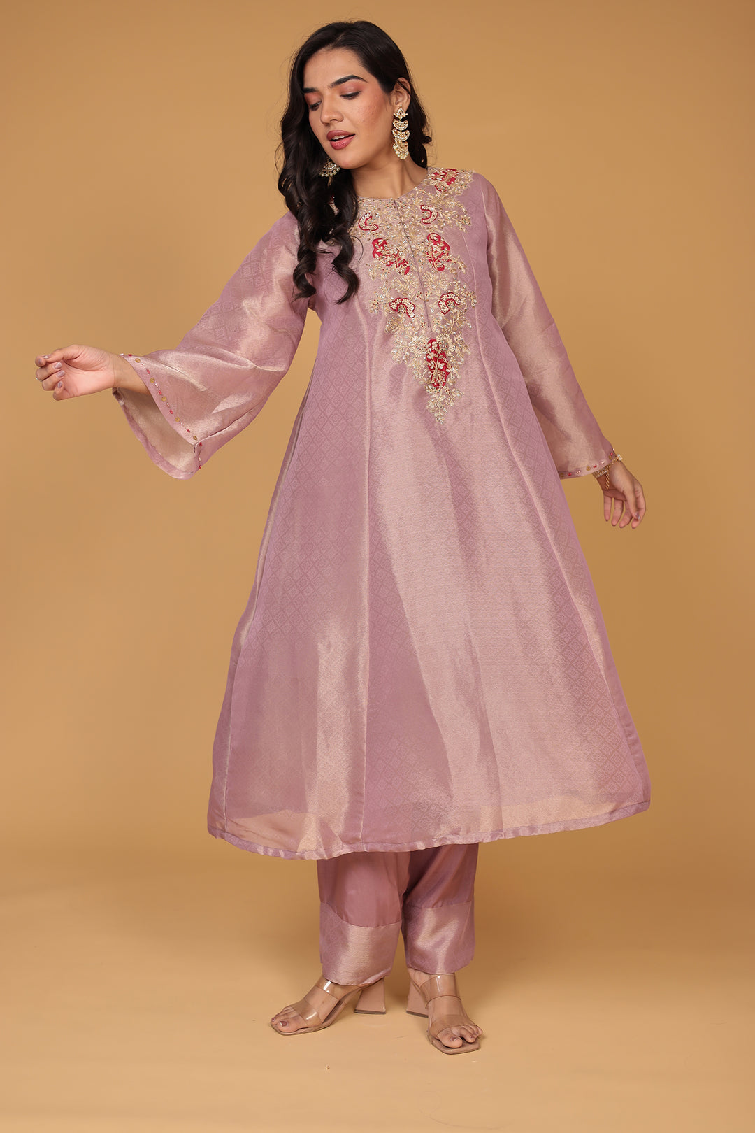 Anarkali Shimmer Tissue Indo Western (2Pc) Suit Embellished with Pearl, Thread and Zardozi work