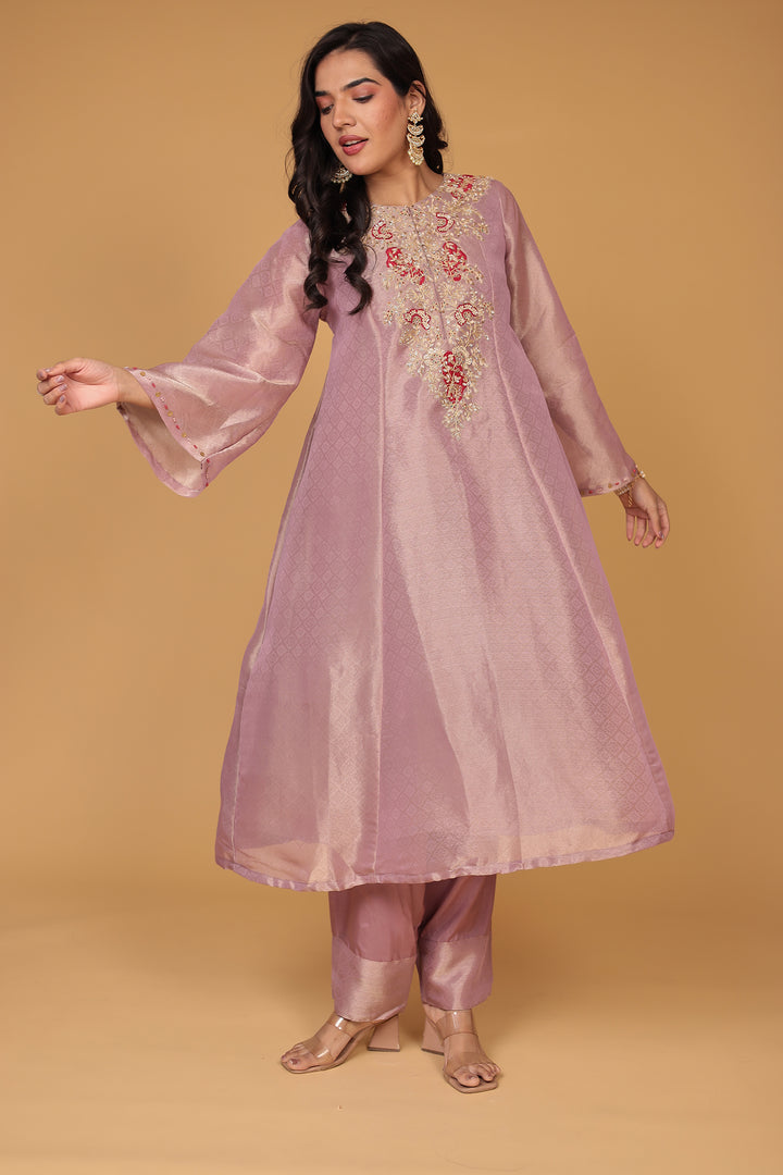 Anarkali Shimmer Tissue Indo Western (2Pc) Suit Embellished with Pearl, Thread and Zardozi work