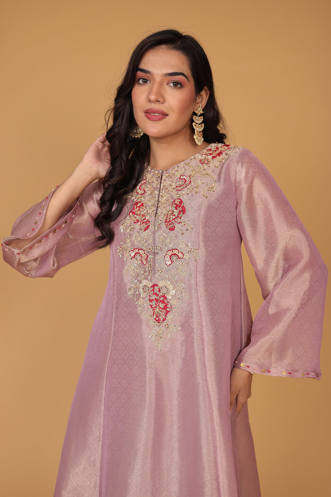 Anarkali Shimmer Tissue Indo Western (2Pc) Suit Embellished with Pearl, Thread and Zardozi work
