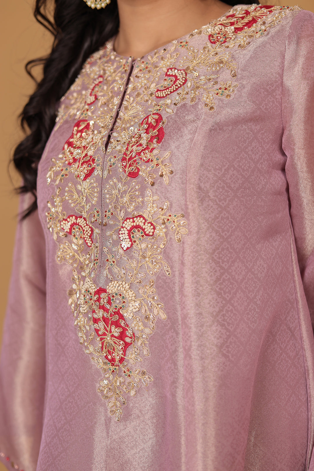 Anarkali Shimmer Tissue Indo Western (2Pc) Suit Embellished with Pearl, Thread and Zardozi work