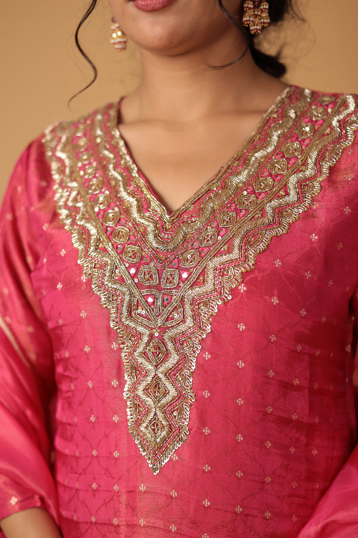 Handwoven Shimmer Tissue Suit with Mirror and Thread work