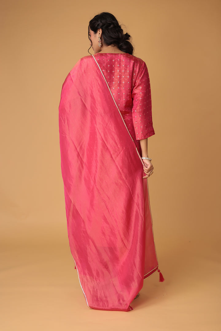 Handwoven Shimmer Tissue Suit with Mirror and Thread work