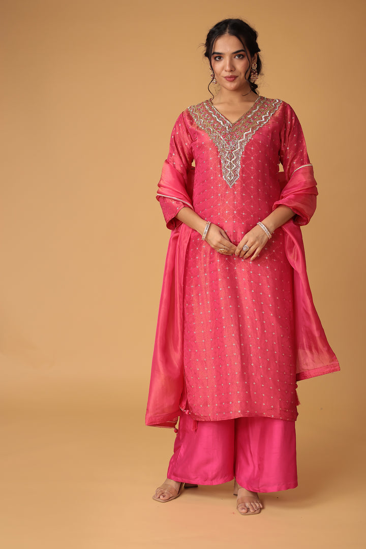 Handwoven Shimmer Tissue Suit with Mirror and Thread work