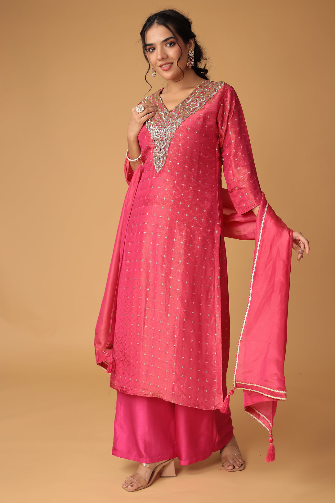 Handwoven Shimmer Tissue Suit with Mirror and Thread work