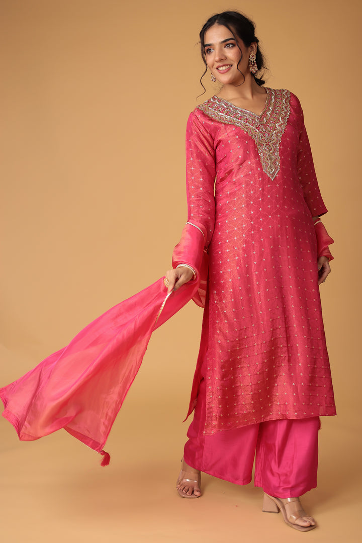 Handwoven Shimmer Tissue Suit with Mirror and Thread work