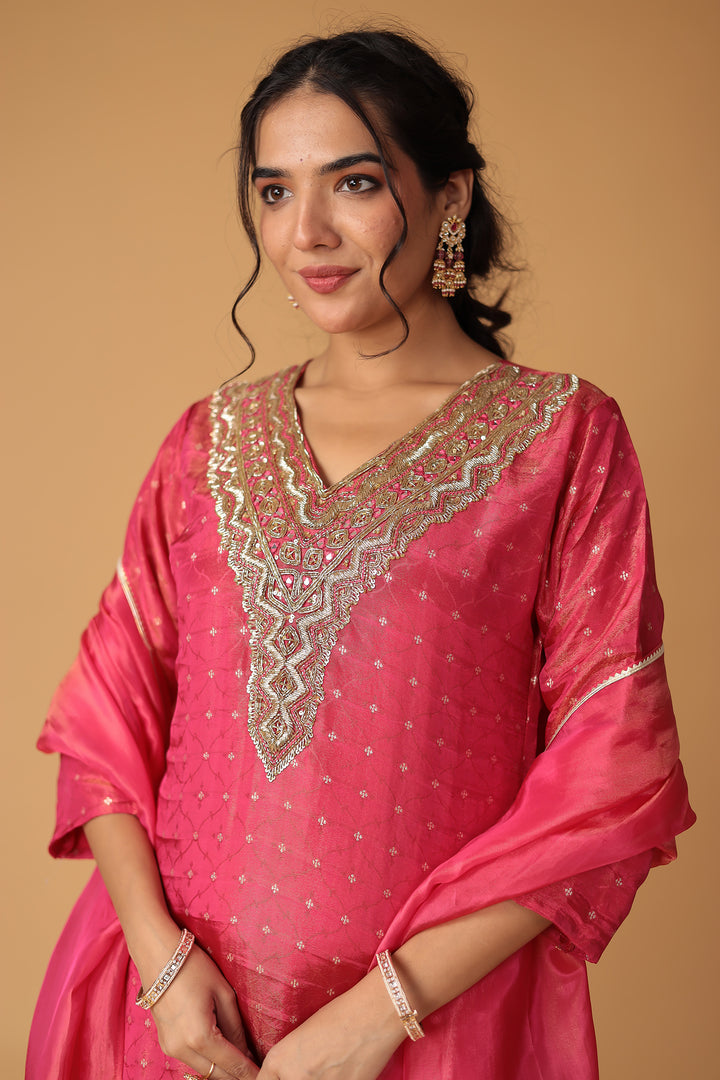 Handwoven Shimmer Tissue Suit with Mirror and Thread work