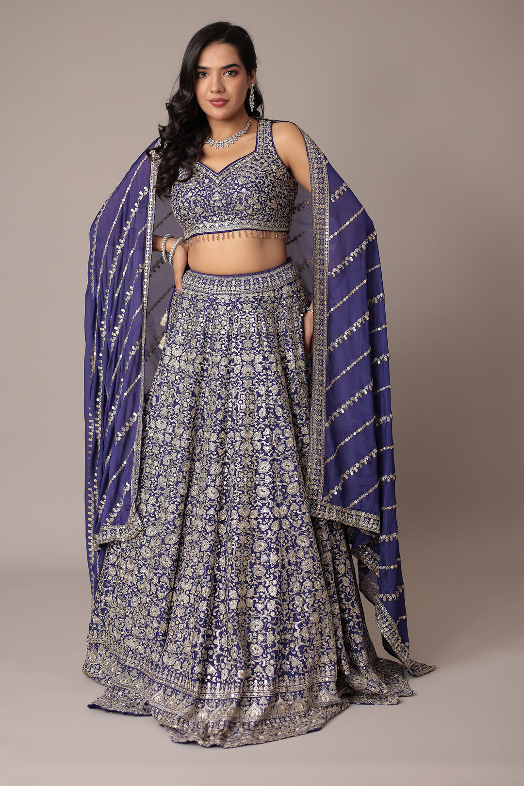 Embroidered Chinon Silk Lehenga with Sequins Embellishment