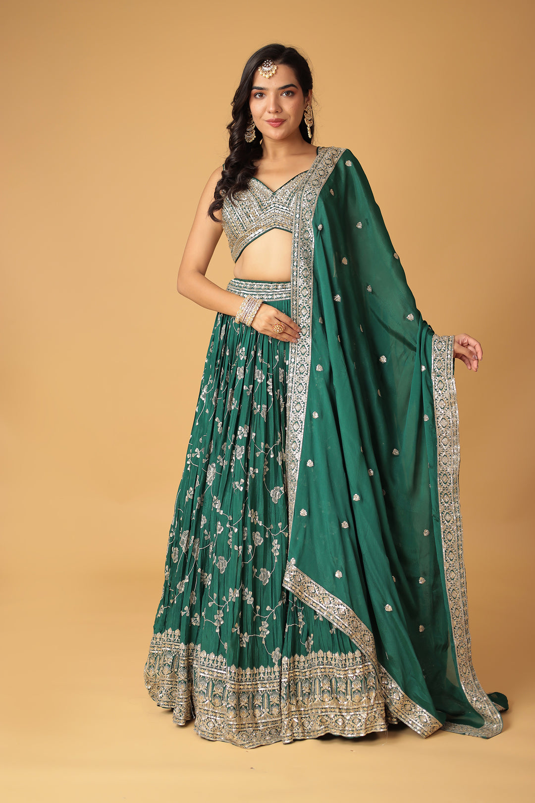 Chinon Silk Lehenga Embellished with Sequins and Thread work
