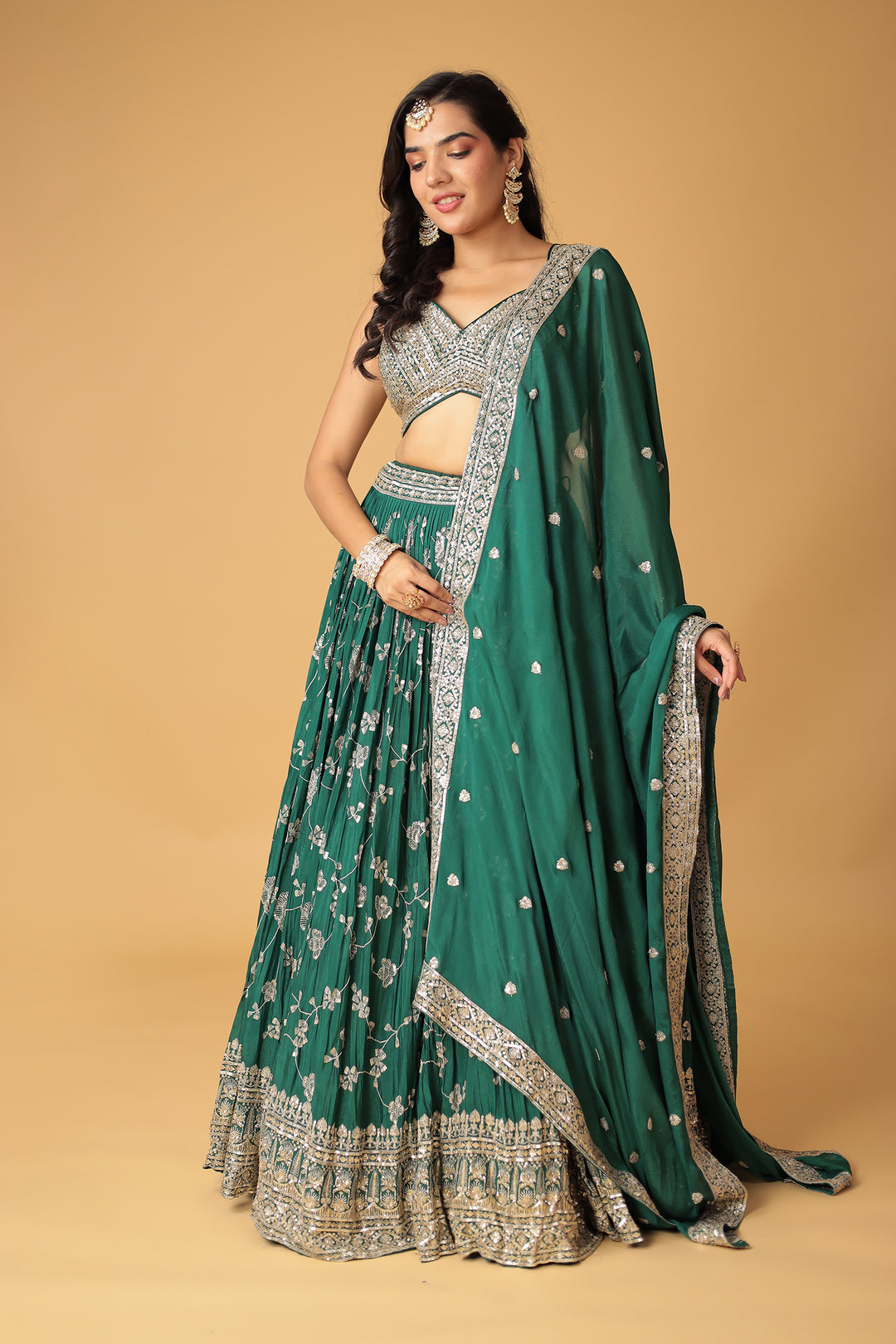 Chinon Silk Lehenga Embellished with Sequins and Thread work