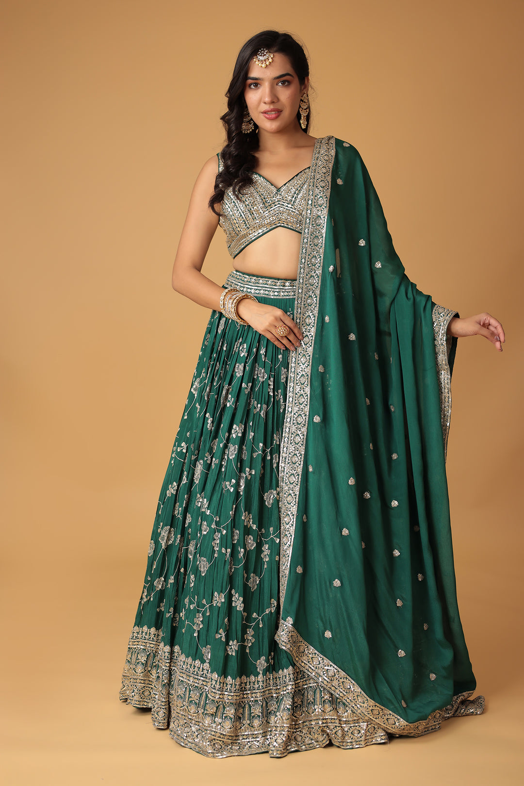 Chinon Silk Lehenga Embellished with Sequins and Thread work