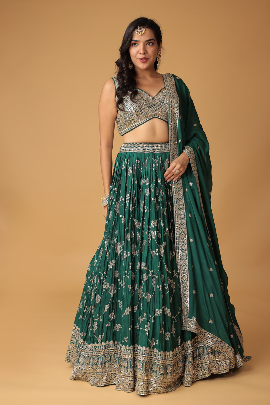 Chinon Silk Lehenga Embellished with Sequins and Thread work