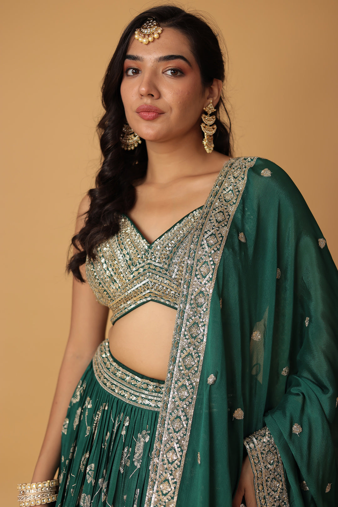 Chinon Silk Lehenga Embellished with Sequins and Thread work