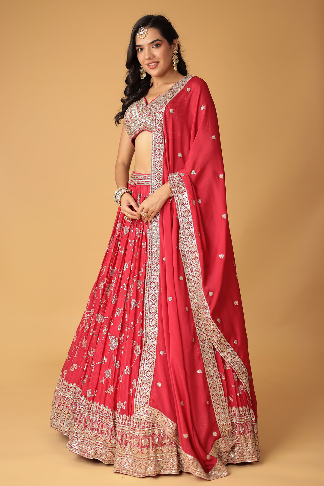 Chinon Silk Lehenga Embellished with Sequins and Thread work