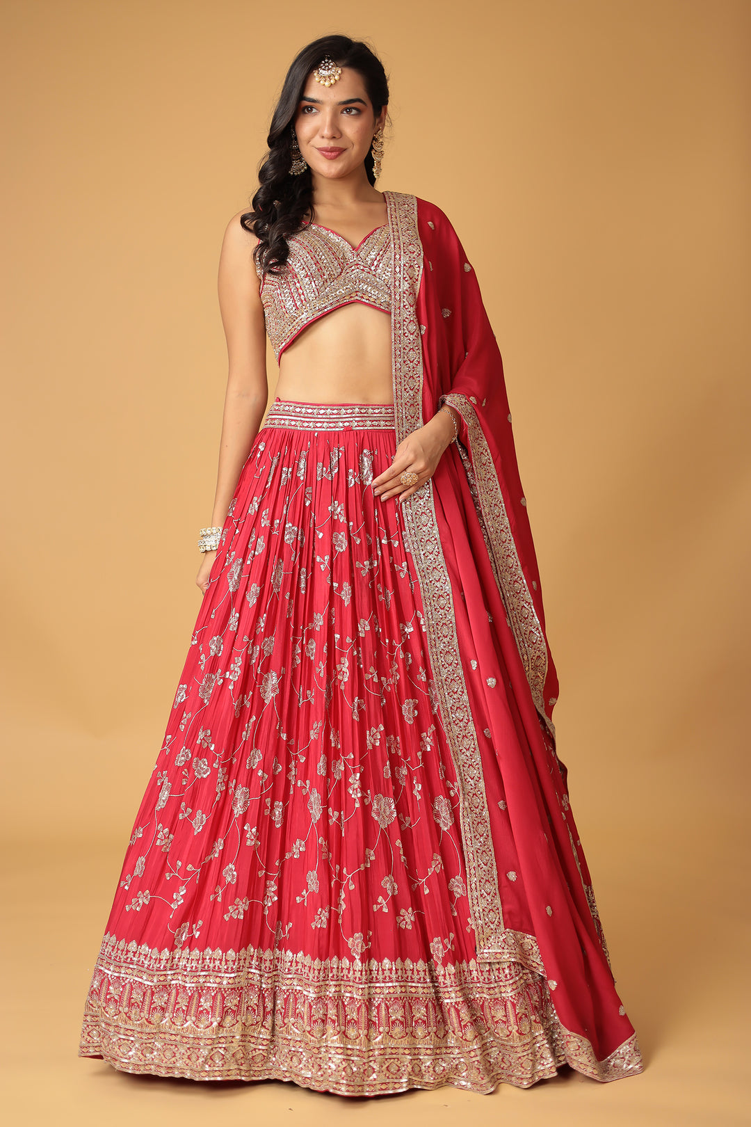 Chinon Silk Lehenga Embellished with Sequins and Thread work