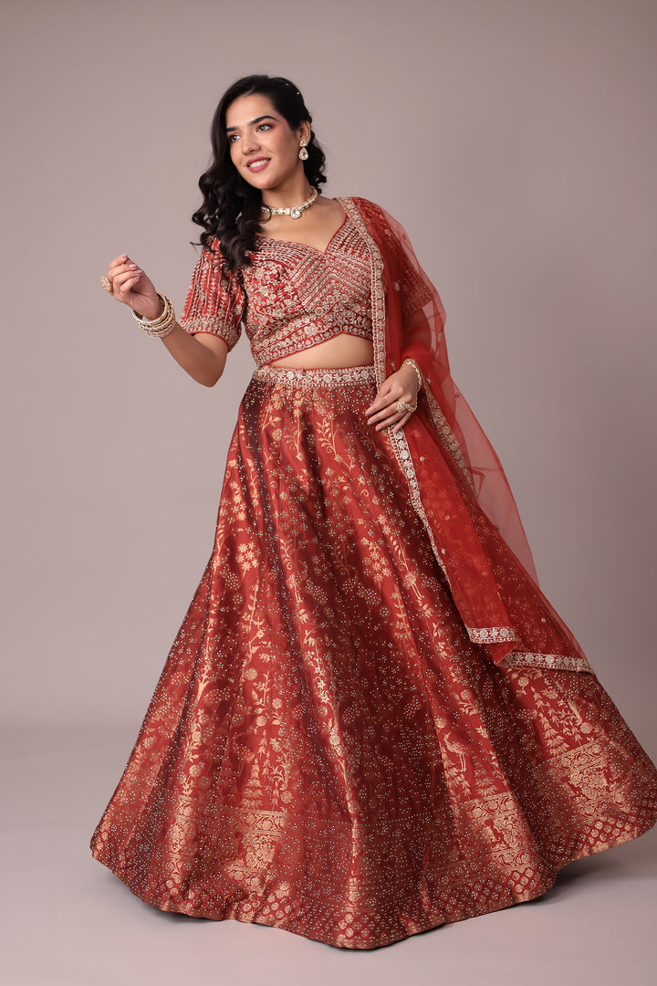 Handwoven Silk Lehenga Embellished with Swarovski and Thread work