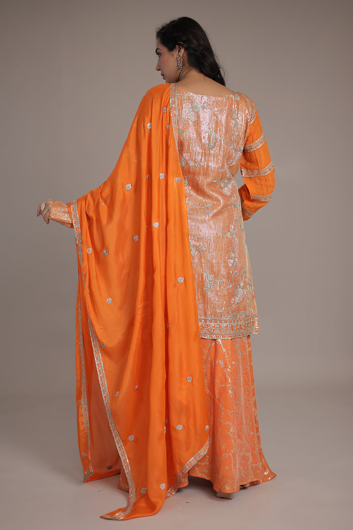 Elegant Chinon Silk Suit with Intricate Sequins & Thread Detailing