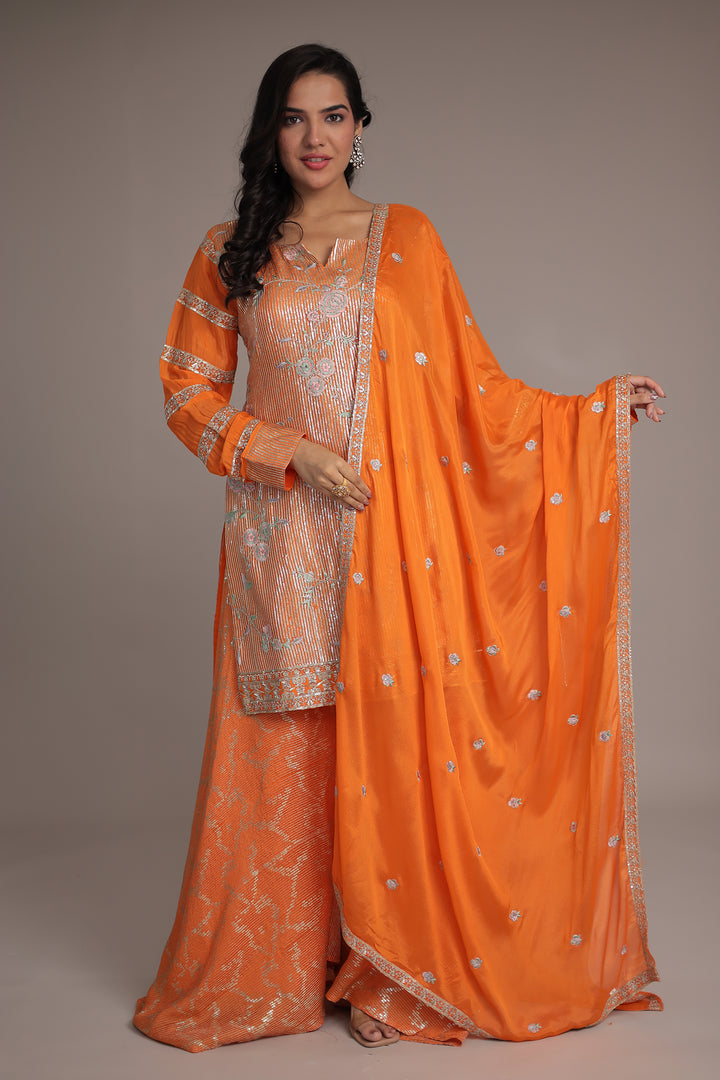Elegant Chinon Silk Suit with Intricate Sequins & Thread Detailing