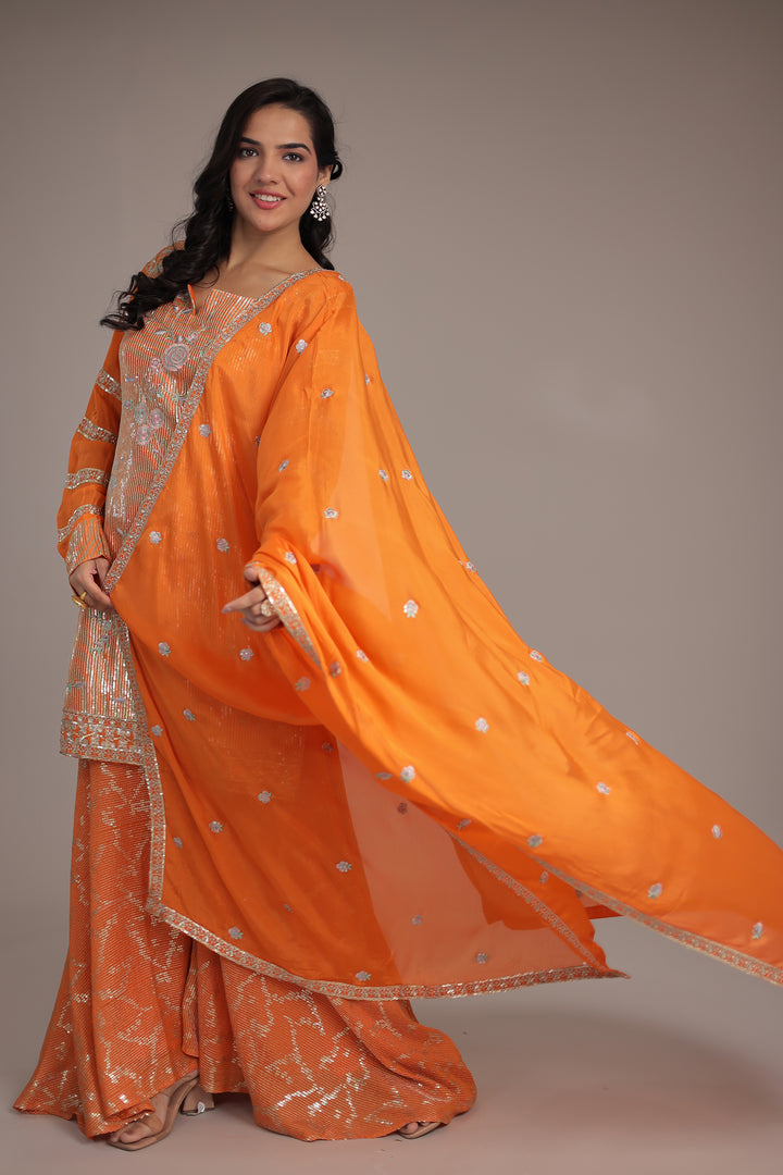 Elegant Chinon Silk Suit with Intricate Sequins & Thread Detailing