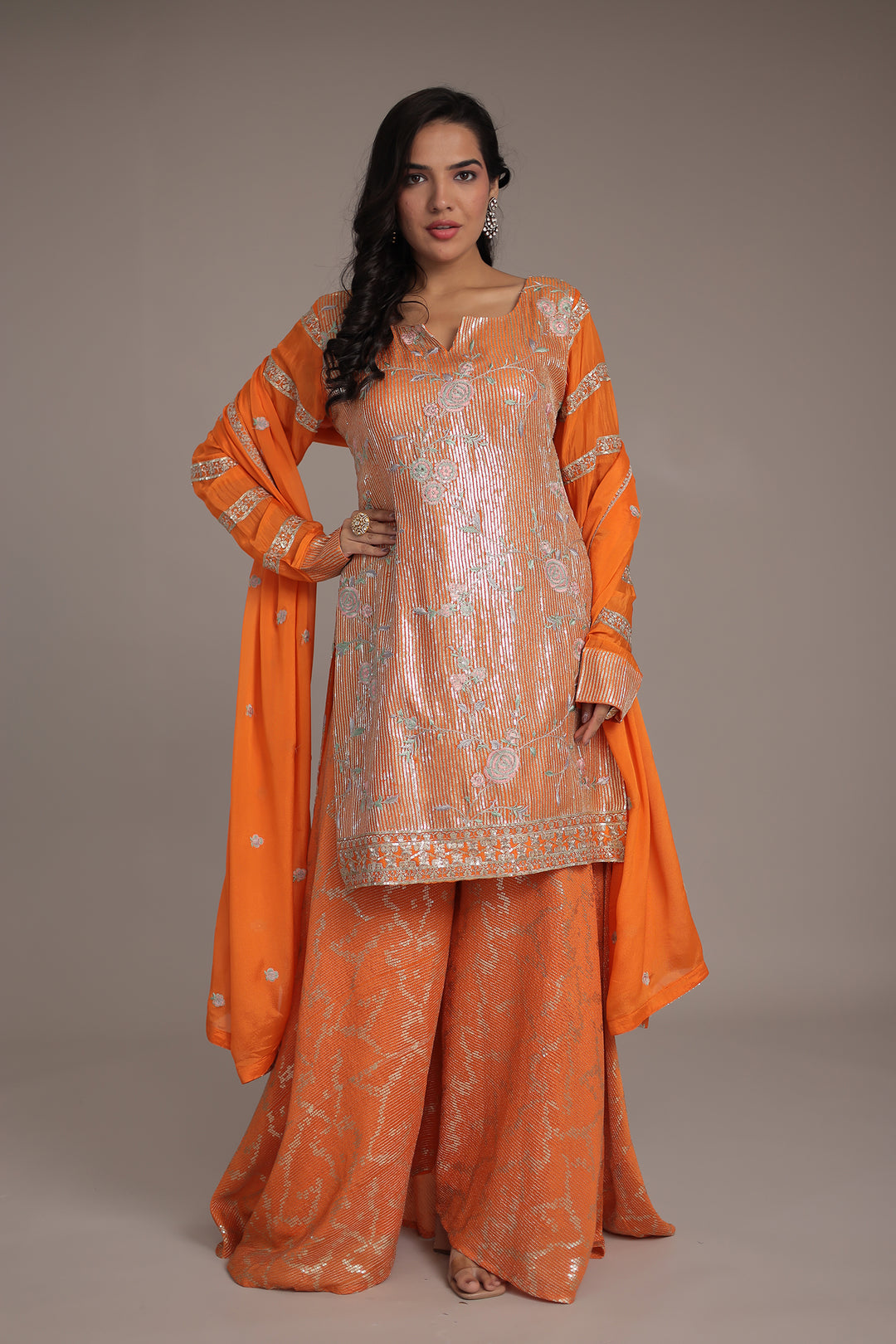 Elegant Chinon Silk Suit with Intricate Sequins & Thread Detailing