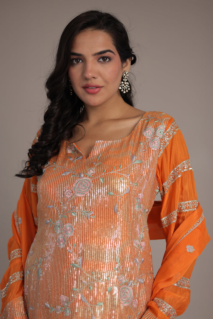 Elegant Chinon Silk Suit with Intricate Sequins & Thread Detailing