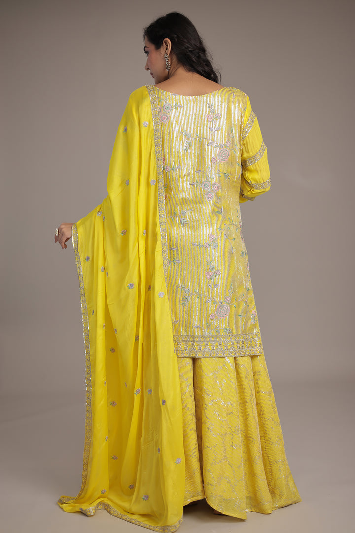 Elegant Chinon Silk Suit with Intricate Sequins & Thread Detailing