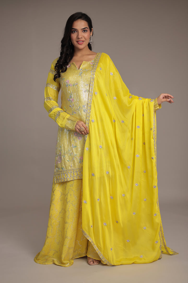 Elegant Chinon Silk Suit with Intricate Sequins & Thread Detailing