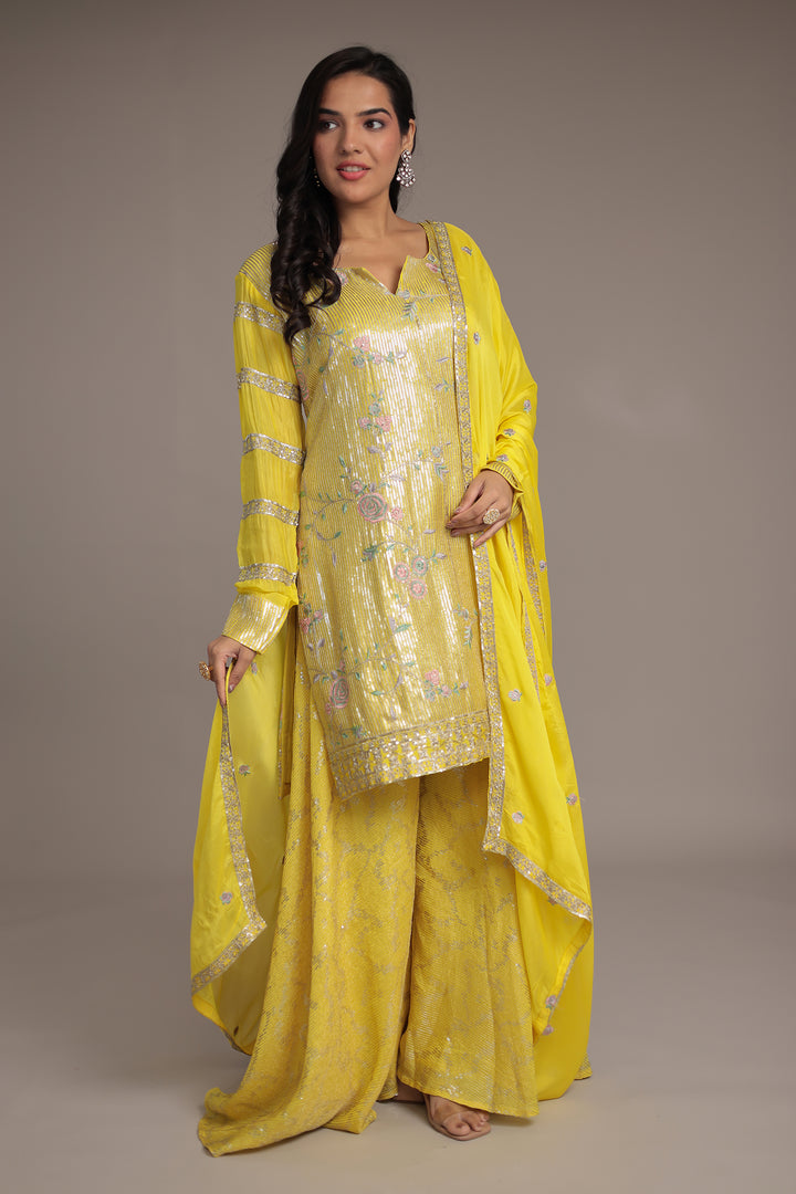 Elegant Chinon Silk Suit with Intricate Sequins & Thread Detailing