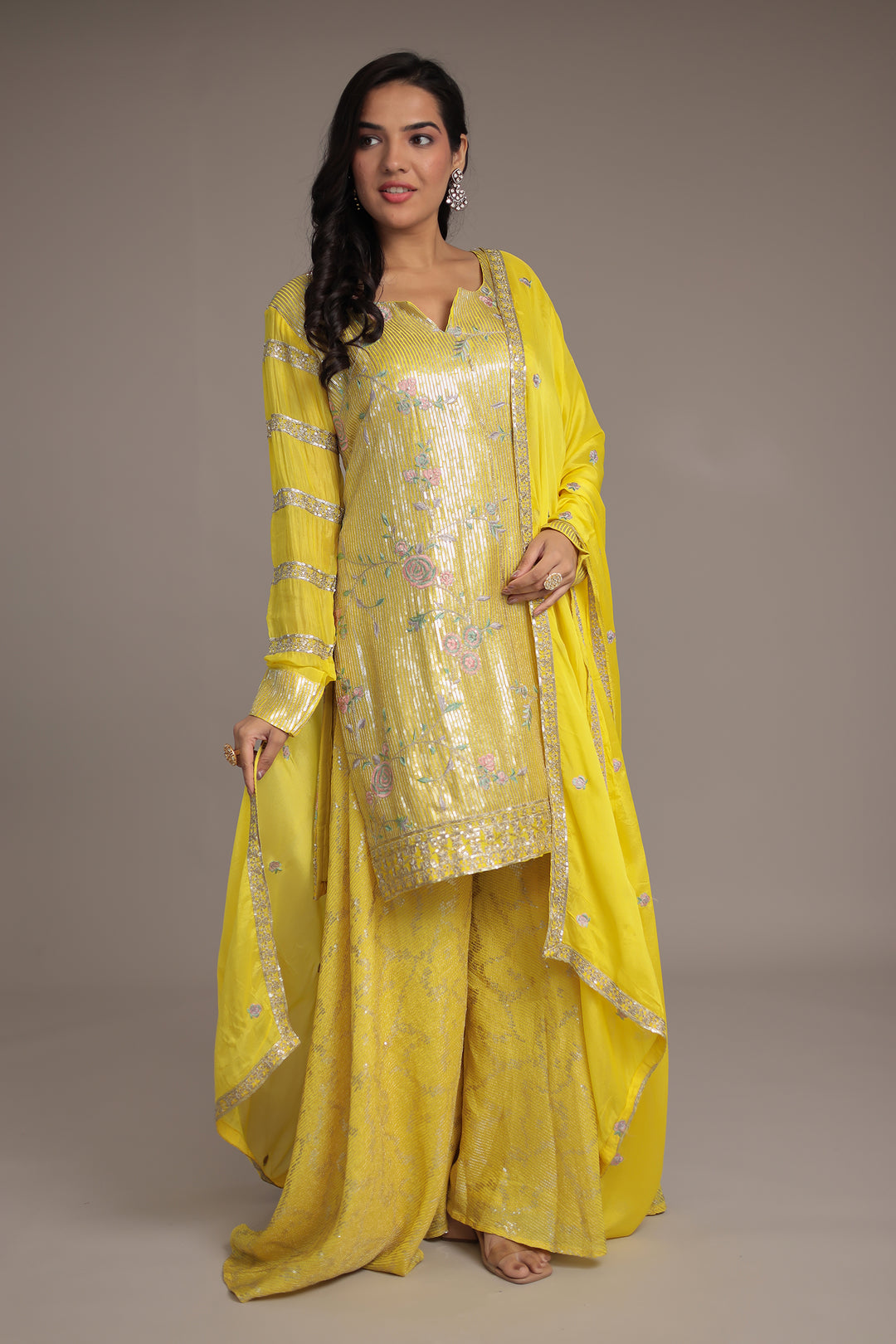 Elegant Chinon Silk Suit with Intricate Sequins & Thread Detailing