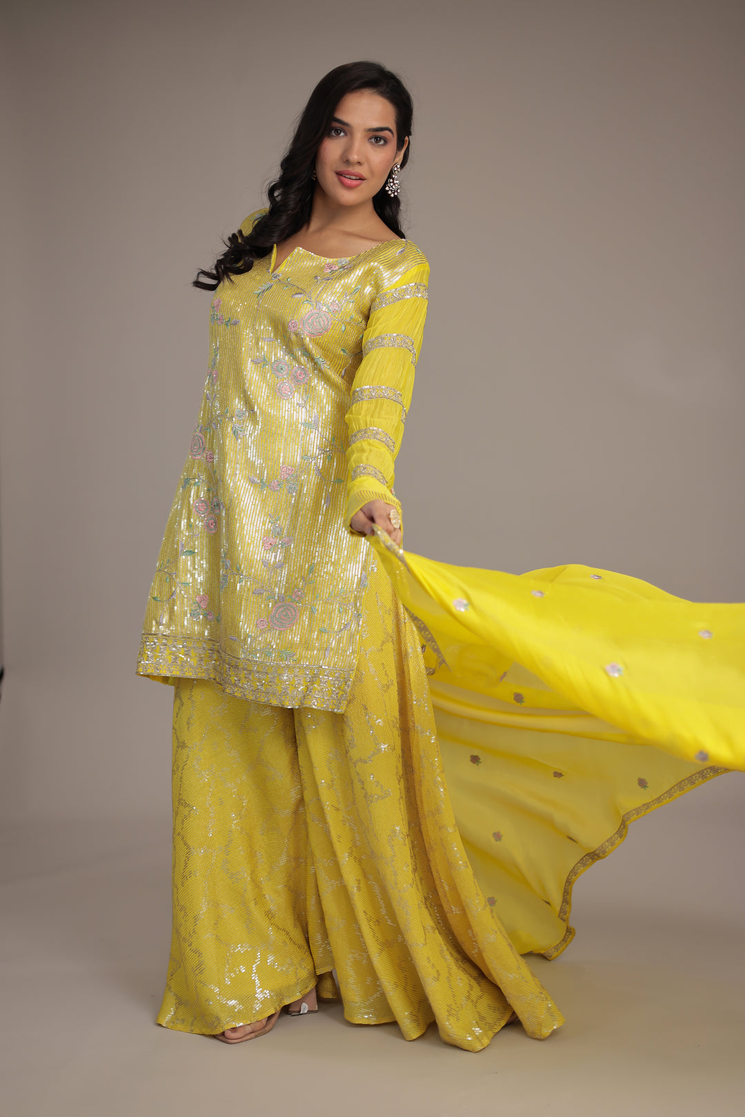 Elegant Chinon Silk Suit with Intricate Sequins & Thread Detailing
