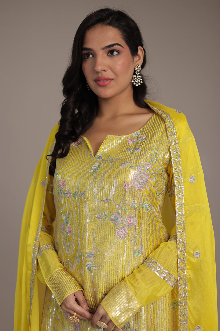 Elegant Chinon Silk Suit with Intricate Sequins & Thread Detailing