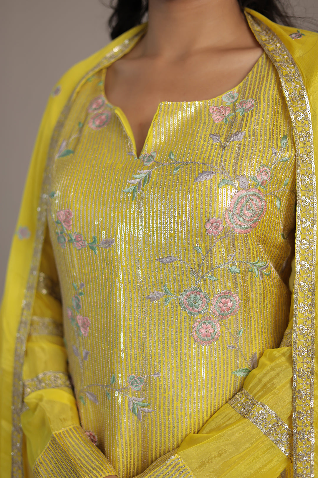 Elegant Chinon Silk Suit with Intricate Sequins & Thread Detailing