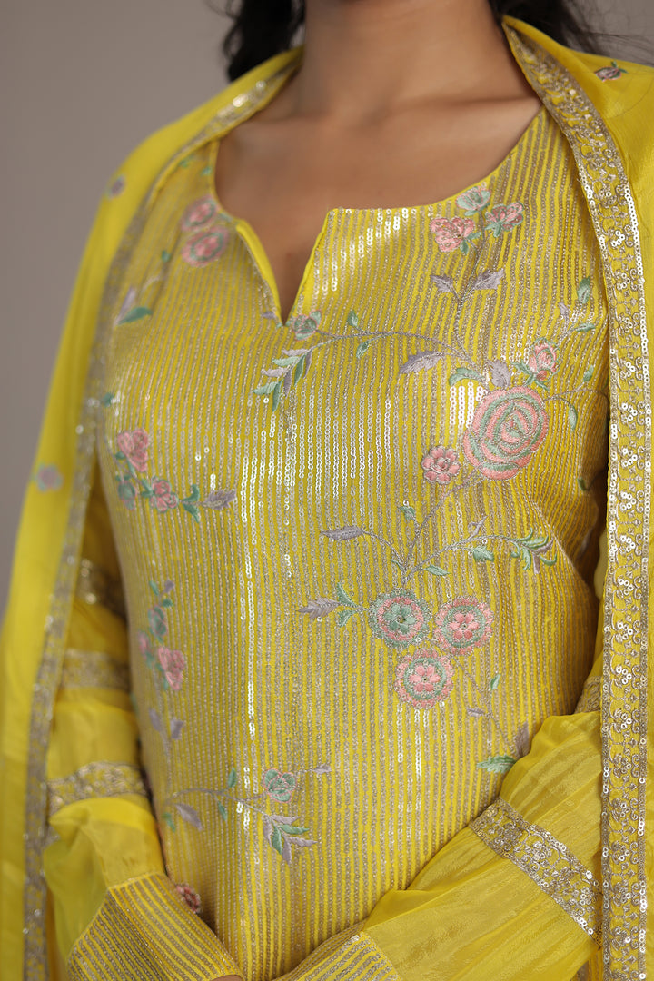 Elegant Chinon Silk Suit with Intricate Sequins & Thread Detailing