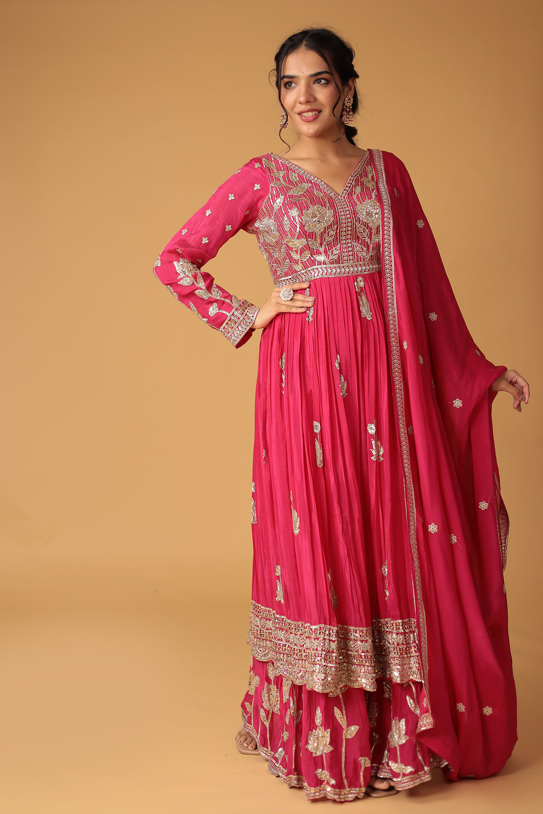 Chinon Sharara Silk Suit Embellished with Aari, Sequins work