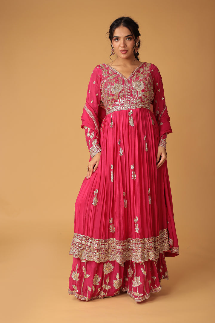 Chinon Sharara Silk Suit Embellished with Aari, Sequins work