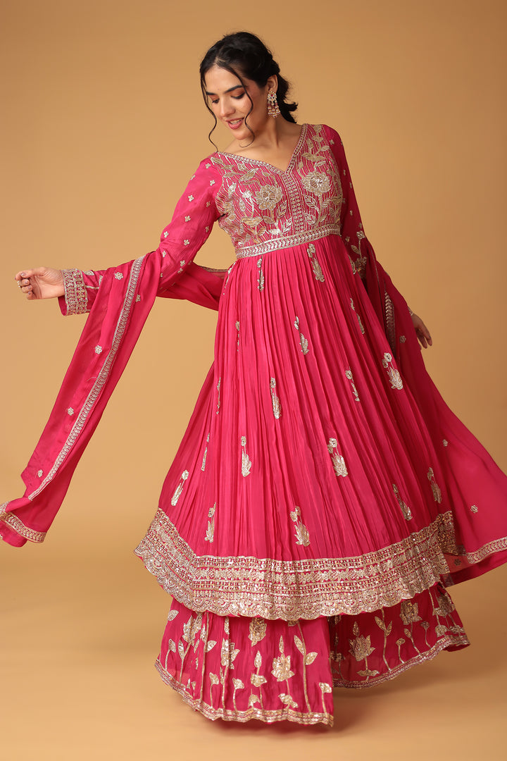 Chinon Sharara Silk Suit Embellished with Aari, Sequins work