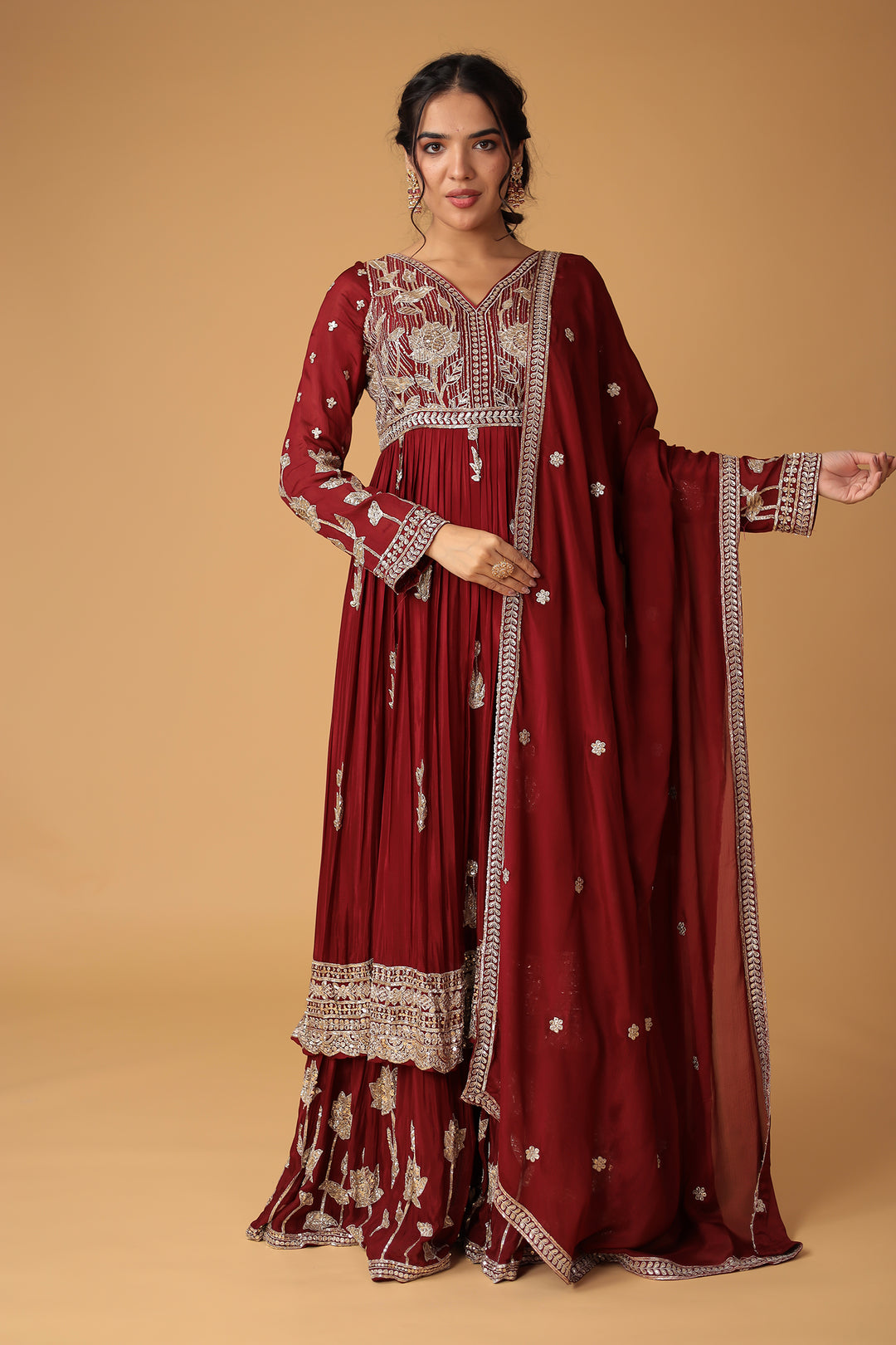 Chinon Sharara Silk Suit Embellished with Aari, Sequins work