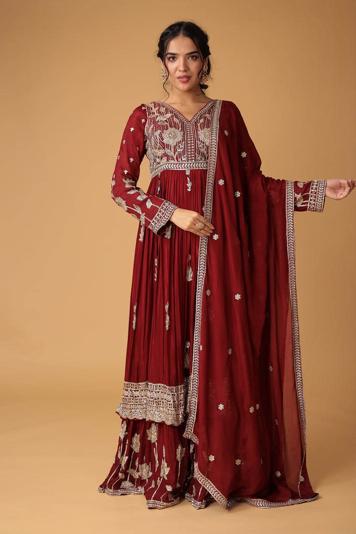 Chinon Sharara Silk Suit Embellished with Aari, Sequins work