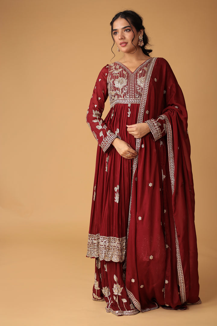 Chinon Sharara Silk Suit Embellished with Aari, Sequins work