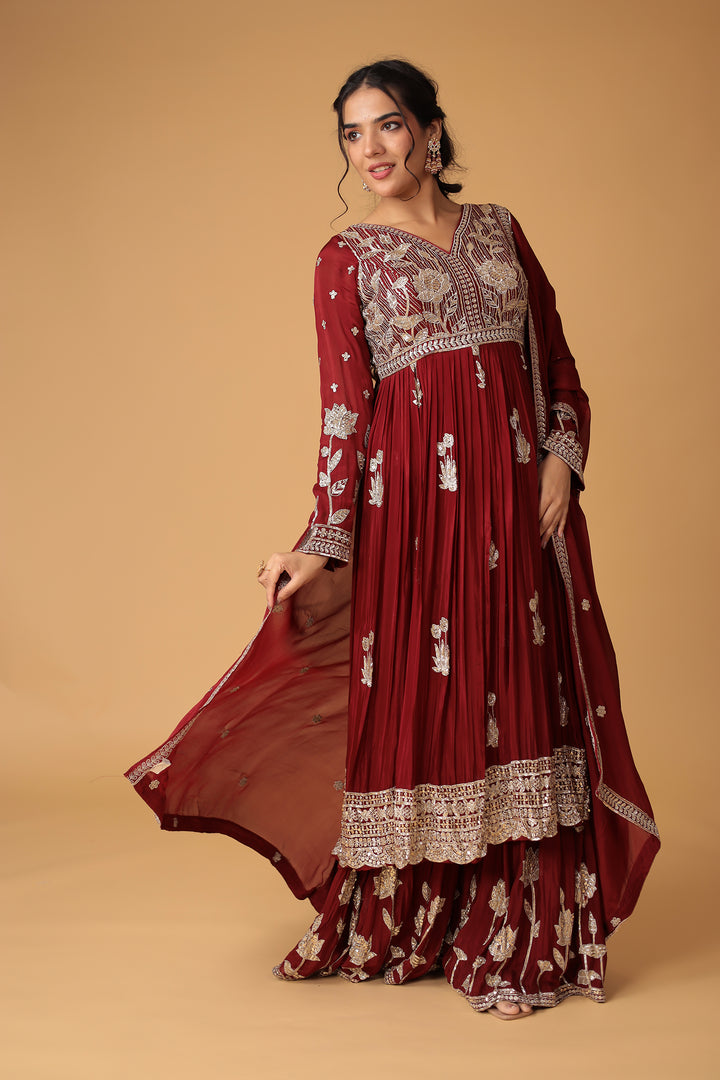Chinon Sharara Silk Suit Embellished with Aari, Sequins work