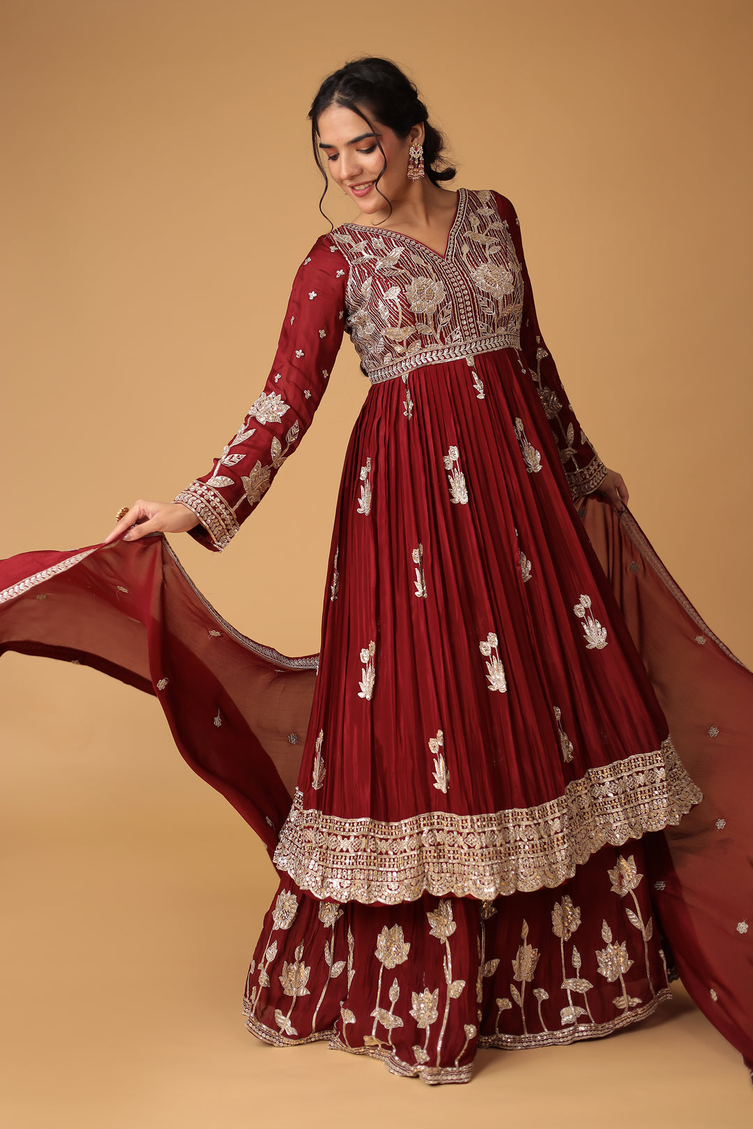 Chinon Sharara Silk Suit Embellished with Aari, Sequins work