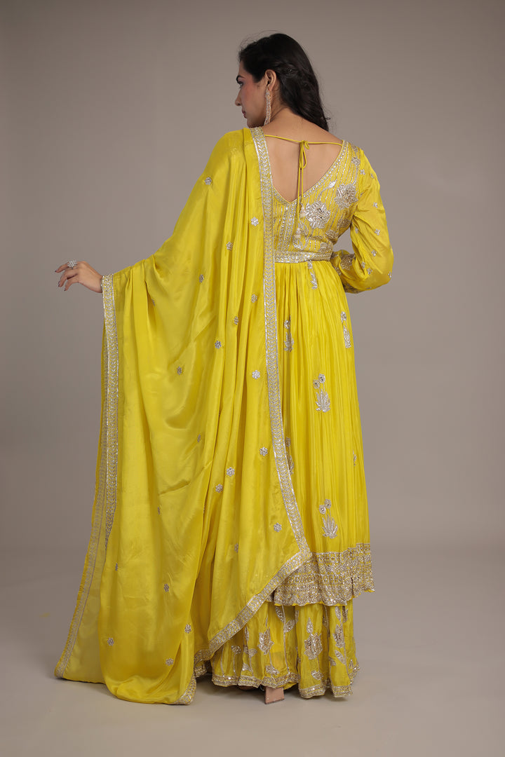 Chinon Sharara Silk Suit Embellished with Aari, Sequins work