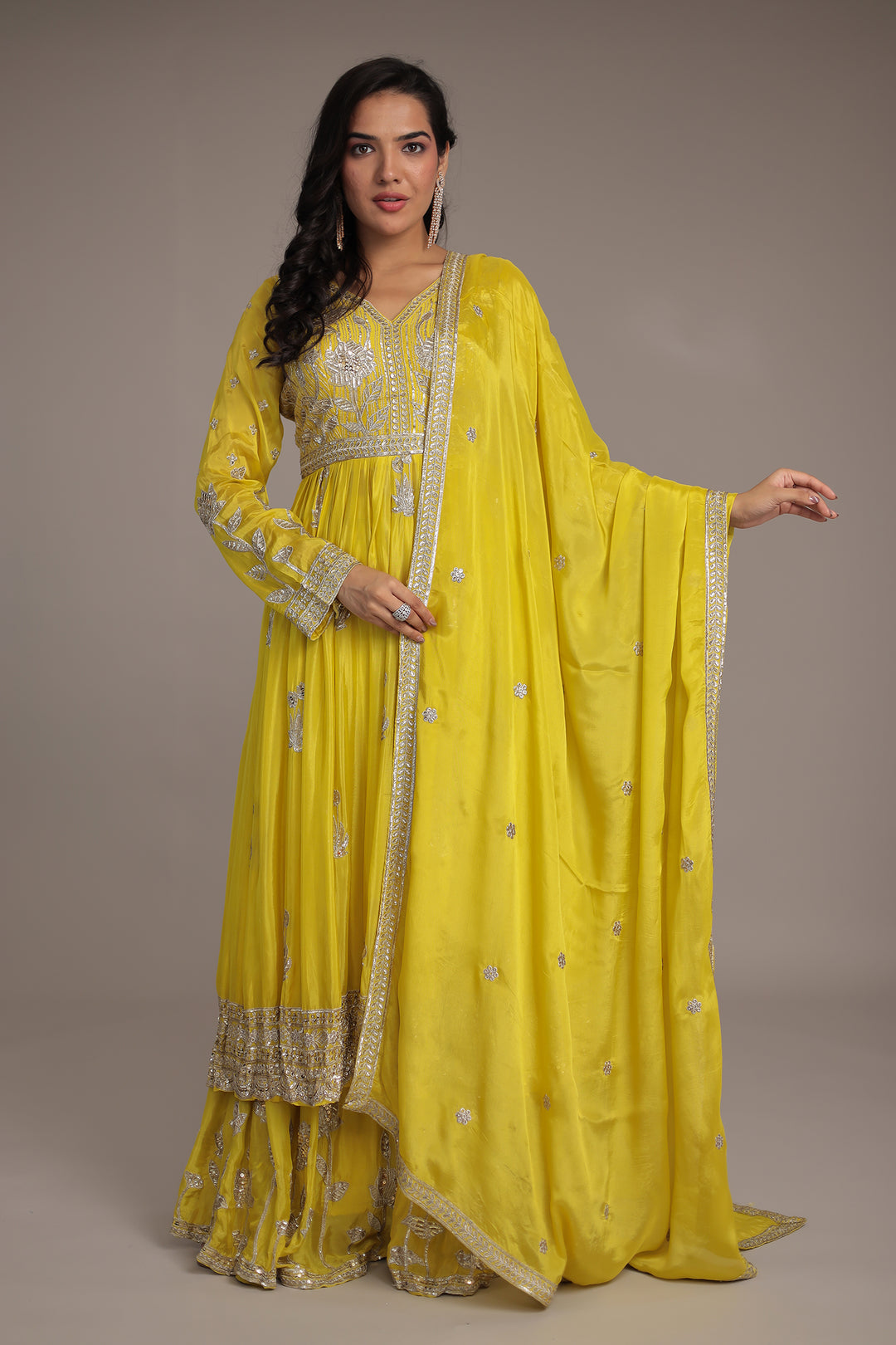 Chinon Sharara Silk Suit Embellished with Aari, Sequins work