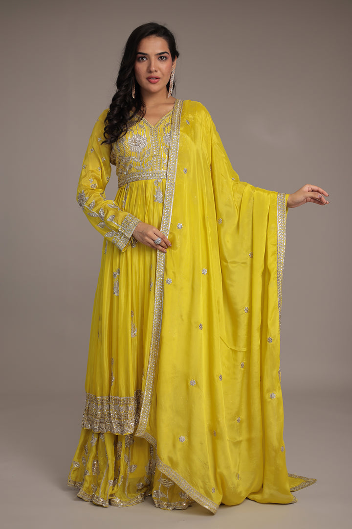 Chinon Sharara Silk Suit Embellished with Aari, Sequins work