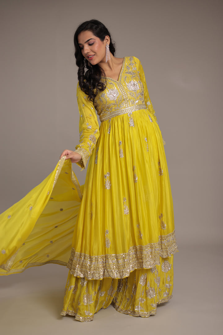 Chinon Sharara Silk Suit Embellished with Aari, Sequins work