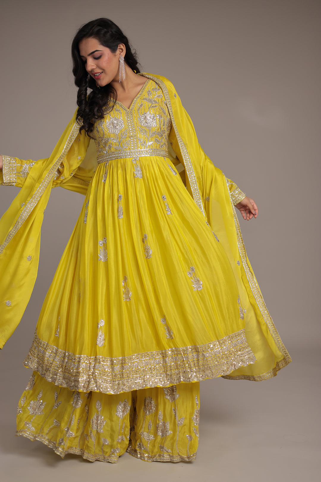 Chinon Sharara Silk Suit Embellished with Aari, Sequins work