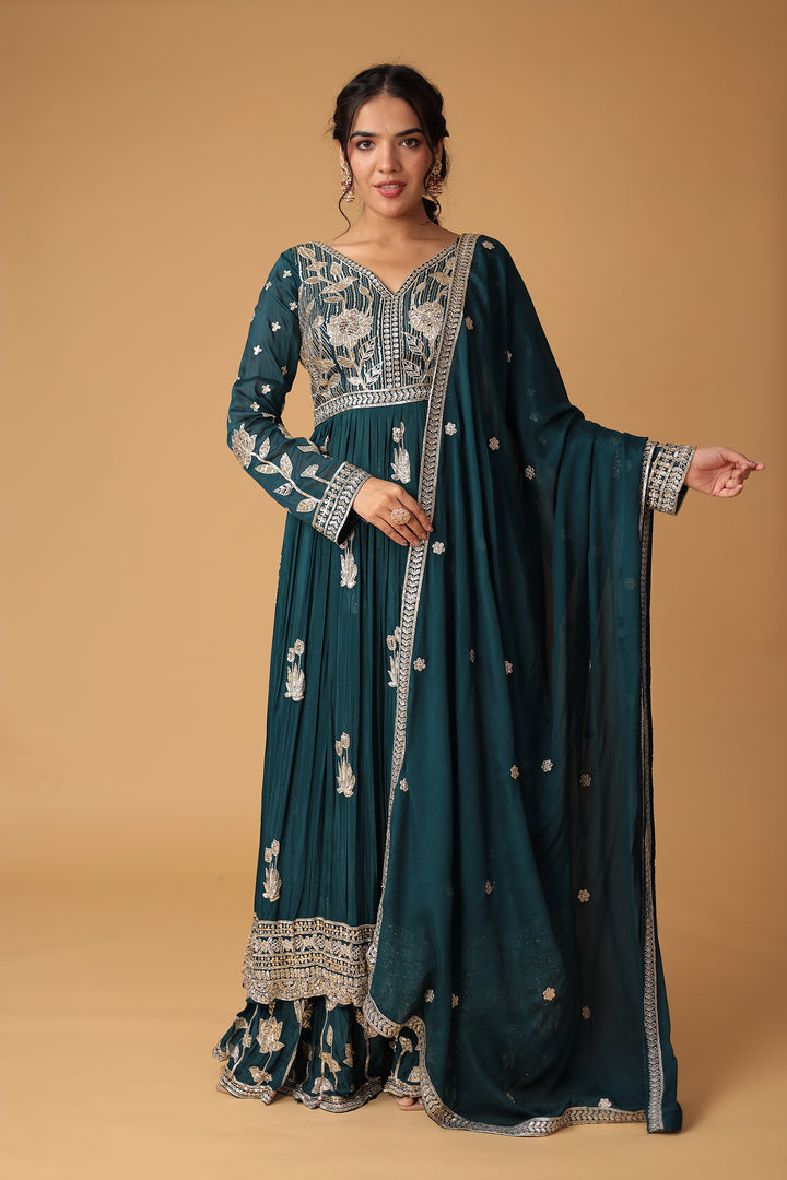 Chinon Sharara Silk Suit Embellished with Aari, Sequins work