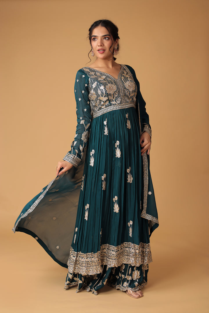 Chinon Sharara Silk Suit Embellished with Aari, Sequins work