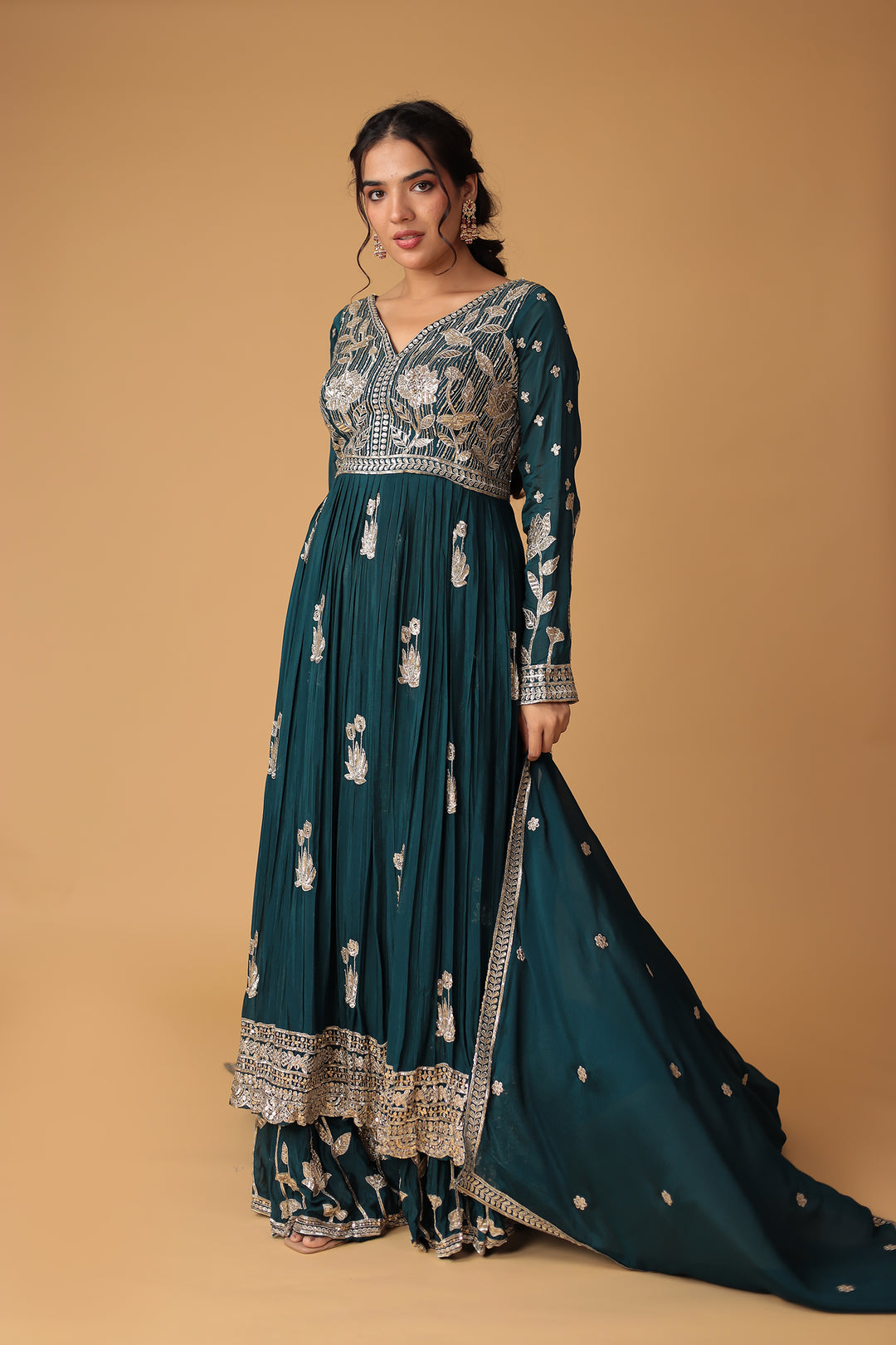 Chinon Sharara Silk Suit Embellished with Aari, Sequins work