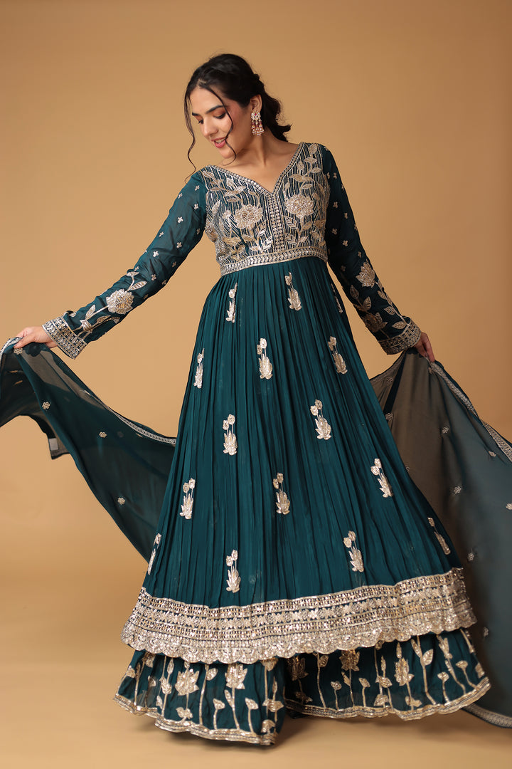 Chinon Sharara Silk Suit Embellished with Aari, Sequins work