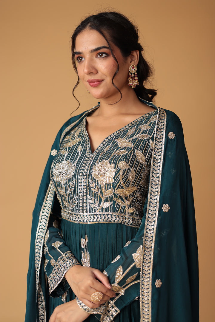 Chinon Sharara Silk Suit Embellished with Aari, Sequins work